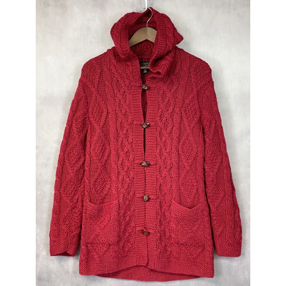 Icelandic‎ Design Hooded Cardigan Sweater Size M Cable Knit Wool Blend Fisherman